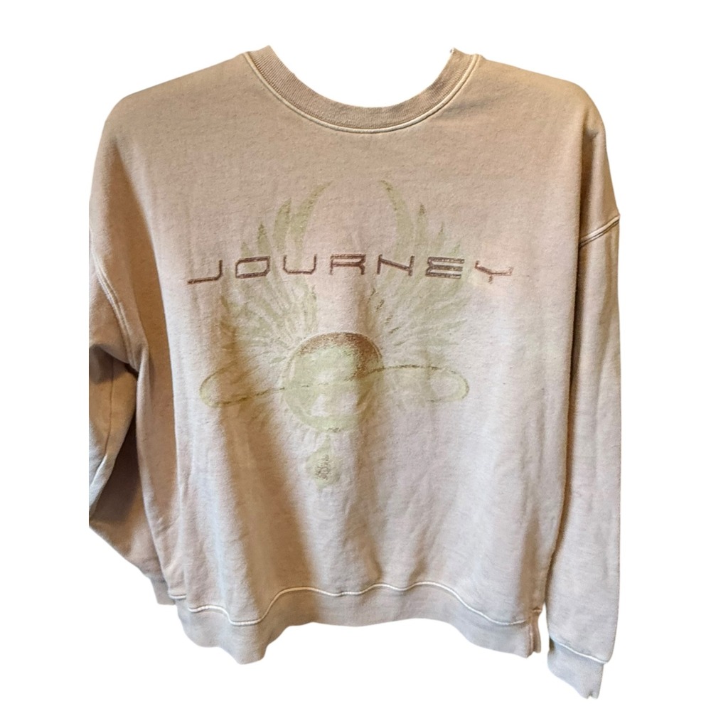 Journey Band Graphic Sweatshirt Tan Crewneck Pullover Rock Music Vintage Style L